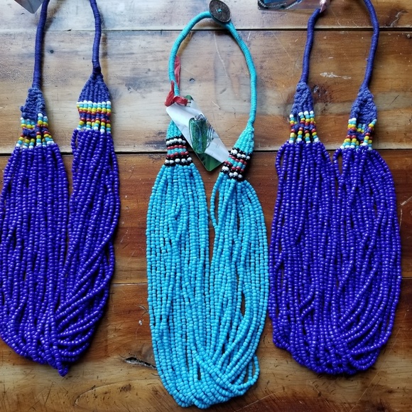 Multiple Strand Necklace - Blue, Yellow and White - Picture 1 of 7